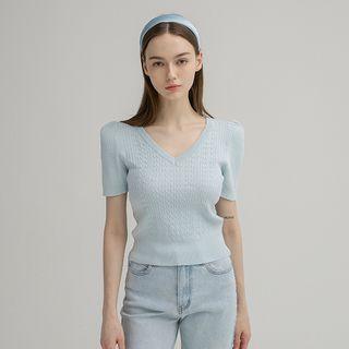 Puff-shoulder V-neck Cable-knit Top