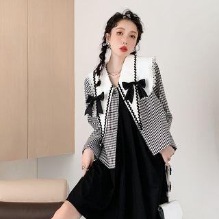 Bow Contrast Collar Houndstooth Jacket