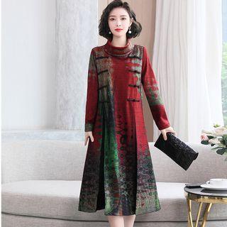Long-sleeve Frog-button Patterned Smock Dress