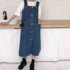 Single-breasted Denim Jumper Skirt + Plain Short-sleeve Top