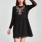 Long Sleeve Embroidered Panel Lace Sheath Dress