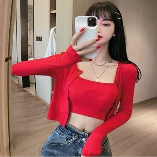 Set: Strapless Cropped Top + Cardigan