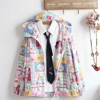 Print Zip-up Hooded Jacket / Tie-neck Shirt / Set