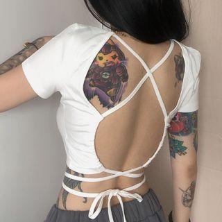 Short-sleeve Open-back Tie-waist Crop Top