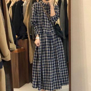 Long-sleeve Plaid Maxi A-line Dress Plaid - Dark Blue - One Size