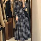 Long-sleeve Plaid Maxi A-line Dress Plaid - Dark Blue - One Size
