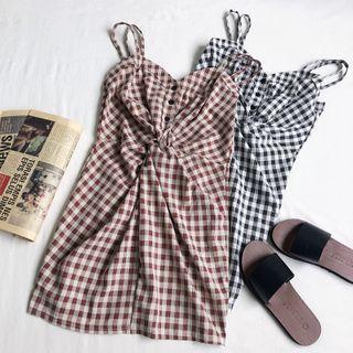 Strappy Plaid Mini Sheath Dress