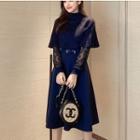 Set: Long-sleeve Lace Panel Midi A-line Dress + Knit Cape