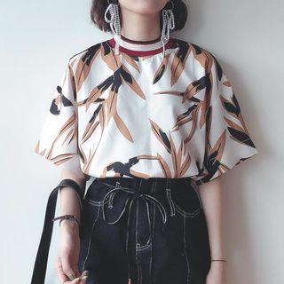 Leaf Print Elbow-sleeve T-shirt