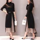 Set: Side-slit Long-sleeve Shift Dress + Dotted Midi A-line Skirt