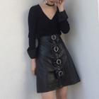 Rhinestone Bow Faux Leather A-line Skirt