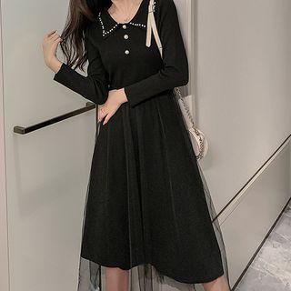 Collared Mesh Overlay Knit Midi A-line Dress
