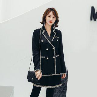 Set: Contrast Trim Double-breasted Blazer + A-line Skirt