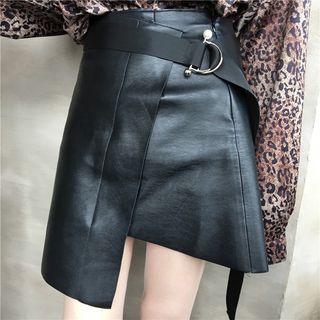 Faux Leather Belt-waist A-line Skirt