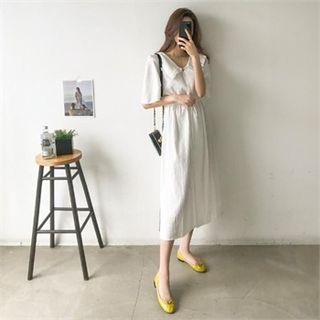 Wide-collar Drawcord-waist Long Shirtdress
