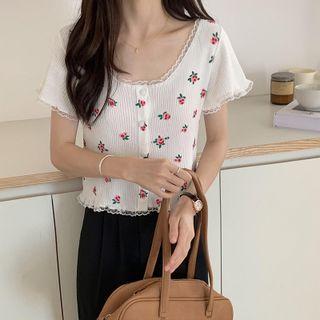 Short-sleeve Floral Lace Trim Crop Top