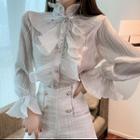 Bell-sleeve Stand-collar Bow Ruffle Trim Shirt