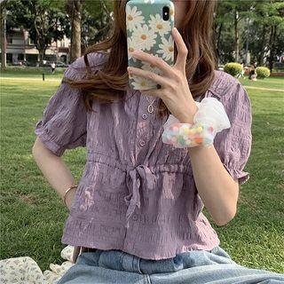Drawstring Short-sleeve Blouse Purple - One Size