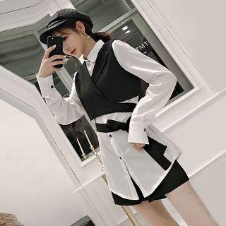 Set: Plain Lace-up Vest + Plain Long-sleeve Shirt + Plain Shorts