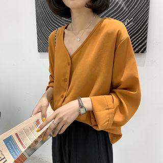 Long Sleeve Plain V-neck Top