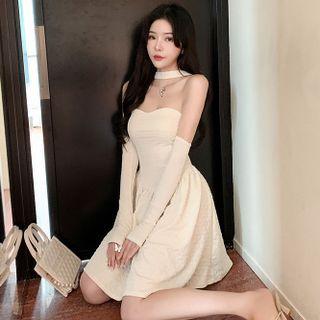 Strapless Choker Mini Princess Dress With Arm Sleeve