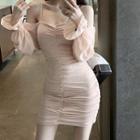 Cold-shoulder Bell-sleeve Ruched Mini Sheath Dress Pink - One Size
