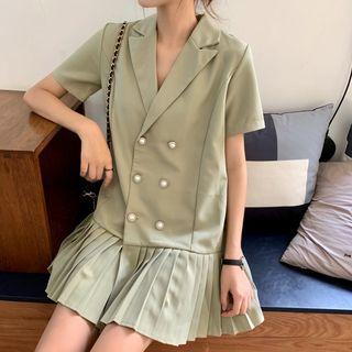 Pleated Hem Double-breasted Short-sleeve Dress
