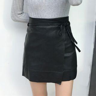 Faux-leather Waist-tied A-line Dress