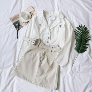 Long-sleeve Cropped Shirt / Faux Leather Mini A-line Skirt