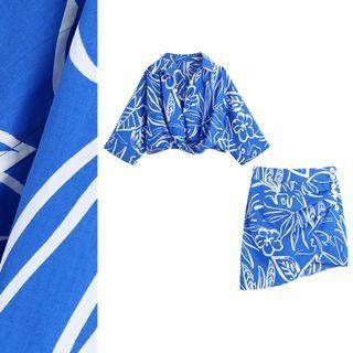 Print Knot 3/4 Sleeve Shirt / Ruched Skirt / Set
