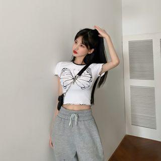 Short-sleeve Butterfly Print Cropped T-shirt Butterfly - White - One Size