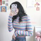 Long-sleeve Mock-neck Striped Knit Top As Shown In Figure - One Size