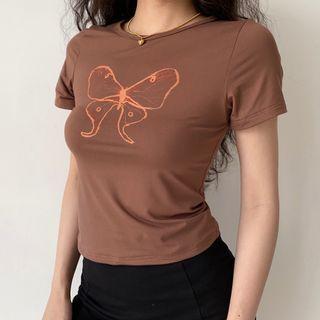 Short-sleeve Round-neck Butterfly Print Top