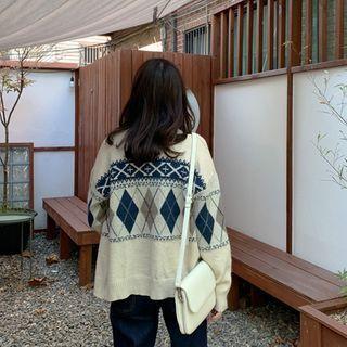 Round-neck Argyle Cardigan Light Beige - One Size