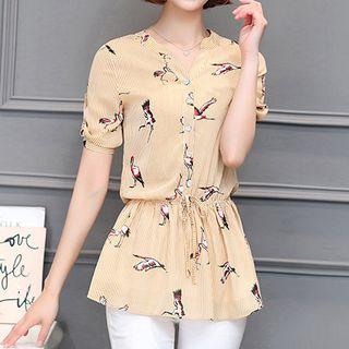 Bird Print Striped Elbow Sleeve Drawstring Waist Shirt