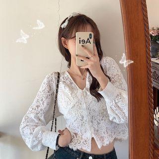 Plain V-neck Lace Long-sleeve Blouse White - One Size