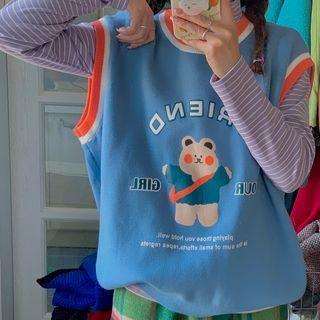 Crew Neck Bear Print Tank Top