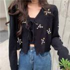 Set: Cropped Camisole Top + Tie-strap Embroidered Cardigan