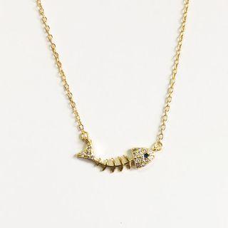 925 Sterling Silver Rhinestone Fish Bone Pendant Necklace Fish Bone - Gold - One Size