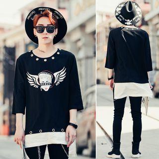 Printed Eyelet Detail 3/4 Sleeve T-shirt