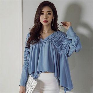 V-neck Asymmetric-hem Shirred Top