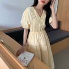 Lantern-sleeve V-neck Plain Shirred Dress