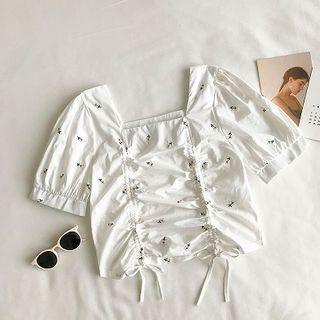 Floral Square-neck Drawcord Short-sleeve Blouse