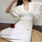 Plain V-neck Lace-up Ruffled-trim Knit Dress
