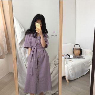Short-sleeve A-line Midi Shirt Dress Purple - One Size