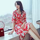 Floral Print Elbow Sleeve Flared Dress