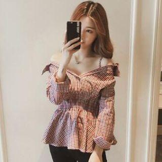 Long-sleeve Cold-shoulder Plaid Smocked Top