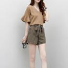 Set: Elbow-sleeve V-neck Chiffon Top + Stripe Tie-waist Shorts