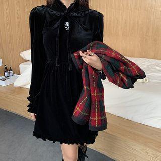 Plaid Button Jacket / Long-sleeve Velvet Mini A-line Dress