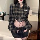 Lace-up Zip Plaid Crop Shirt Shirt - Plaid - Black - One Size